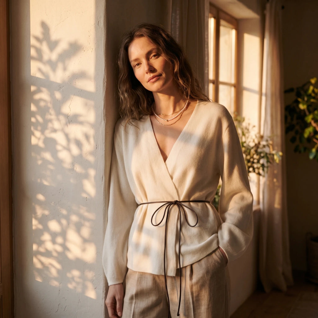 Mujer con cárdigan cruzado blanco con cinturón marrón anudado, pantalón beige y collares dorados Kloreys