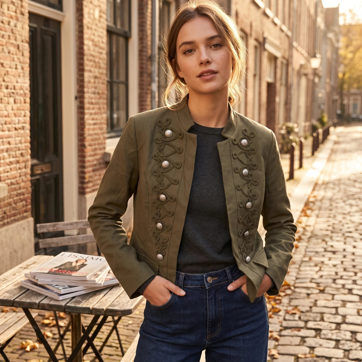 Chaqueta Verde Caqui Con Botones