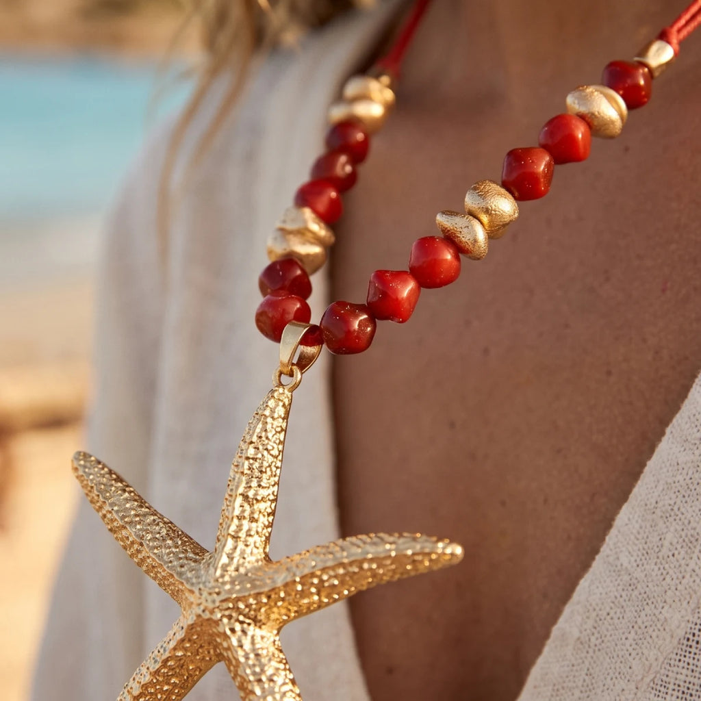 Collar Largo Rojo Con Estrella