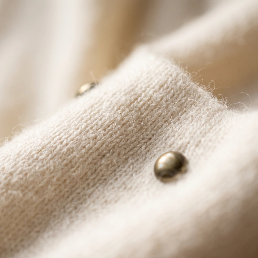 detalle de las tachuelas y el remate acanalado del poncho blanco