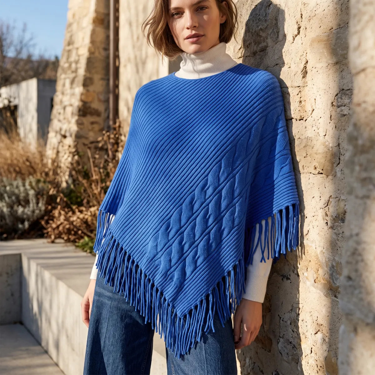 Poncho Azul Con Flecos