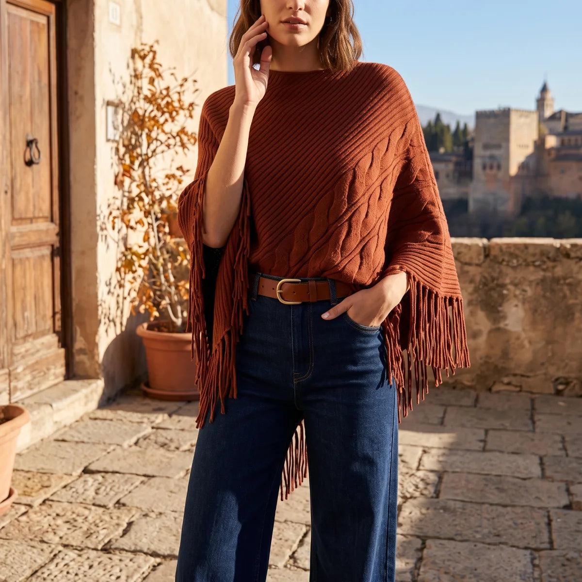 Poncho Terracota con Flecos