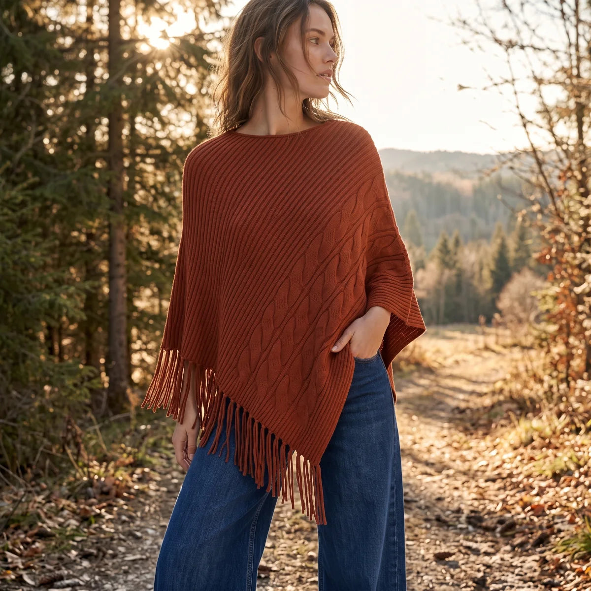 Poncho Terracota con Flecos