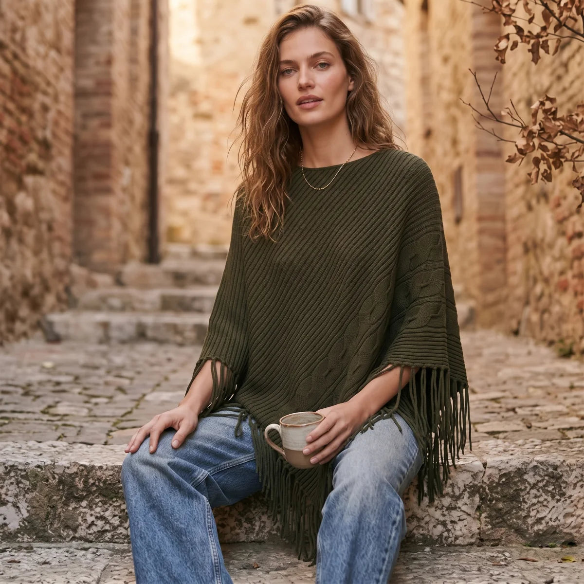 Poncho Verde Con Flecos