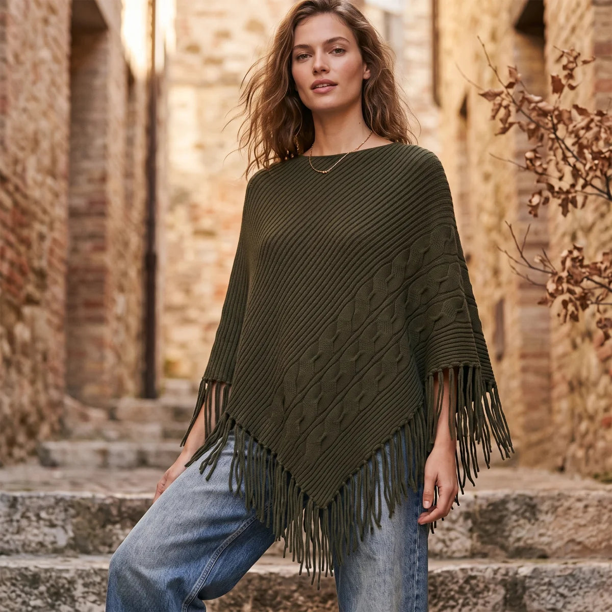 Poncho Verde Con Flecos