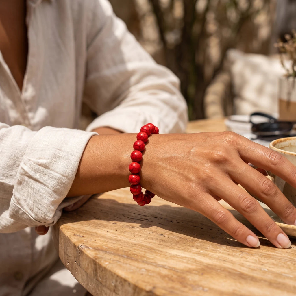 Pulsera elástica de howlita roja con bolitas de piedra en muñeca con pantalón de lino