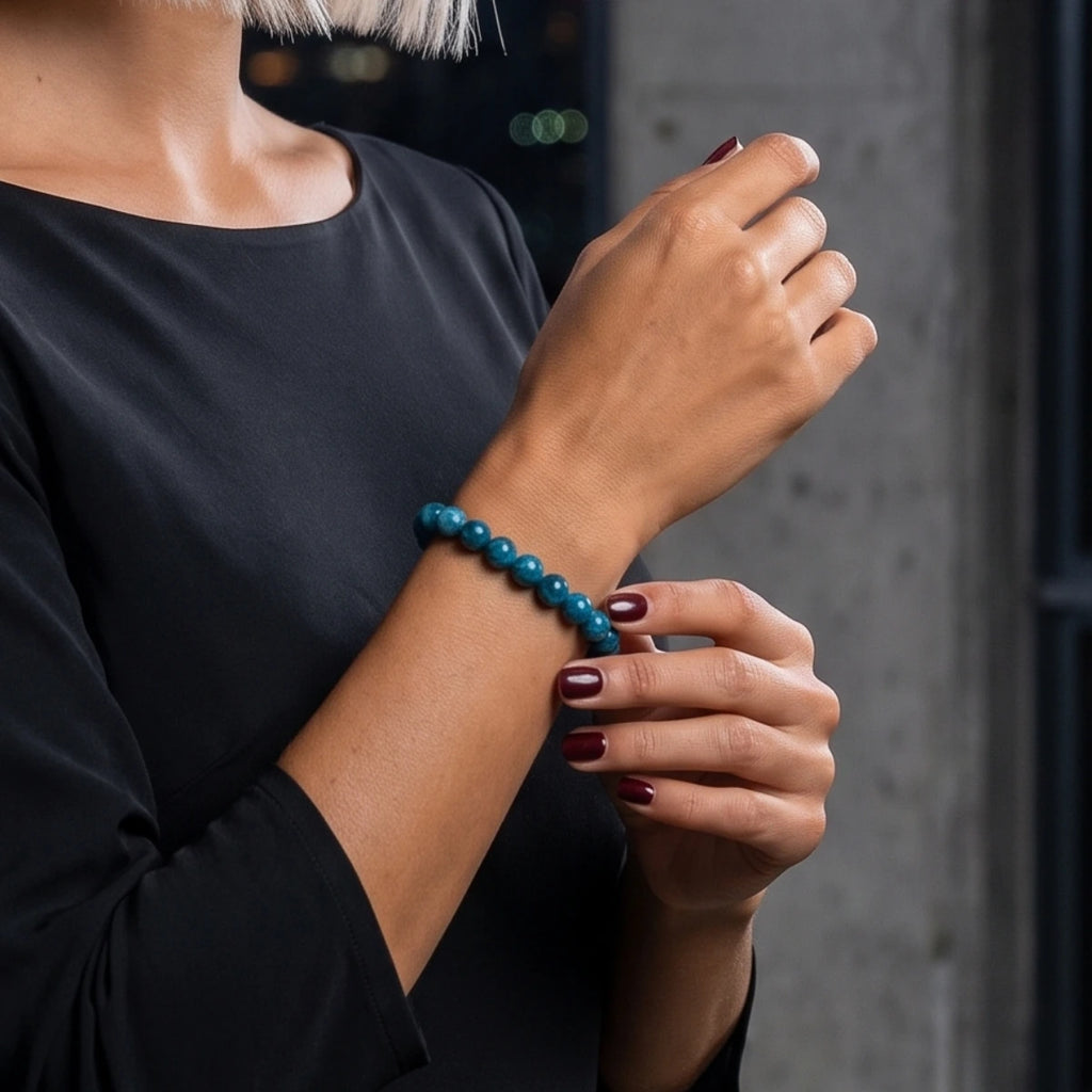 8-mm blue apatite stretchy bracelet on the wrist