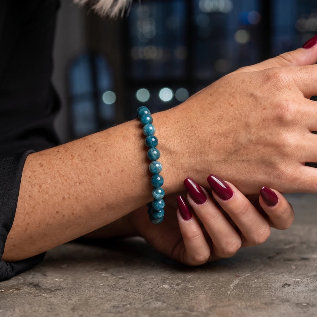 8-mm blue apatite stretchy bracelet on the wrist